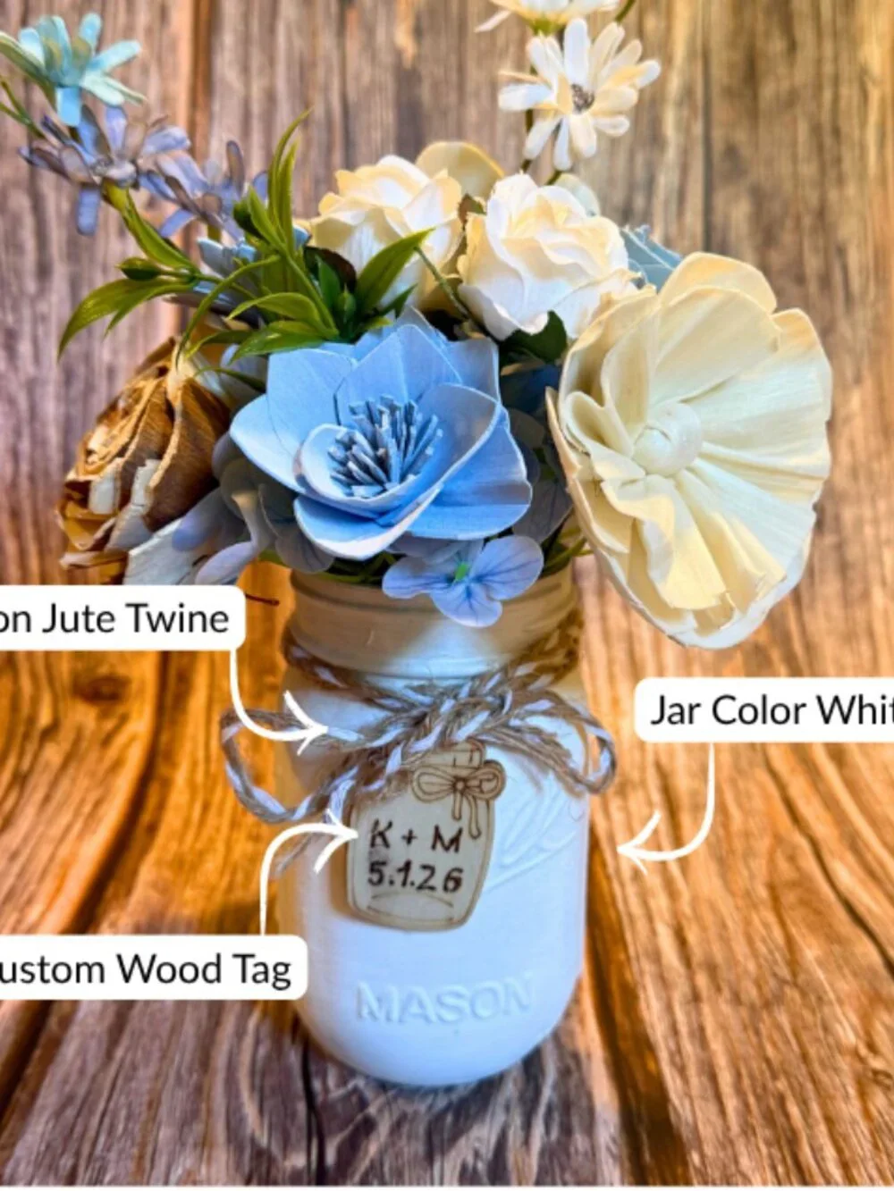 Sola Wood Dusty Blue Wedding Floral Table Centerpieces Set of 3 Mason Jar Decor